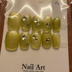 Yellow Press On Nails‎ Rhinestone Embellished Manicure Nail Art